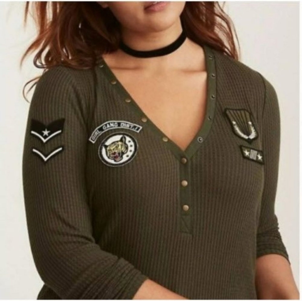 Torrid Green Military Waffle Knit Patch V-Neck Girl Gang Top.